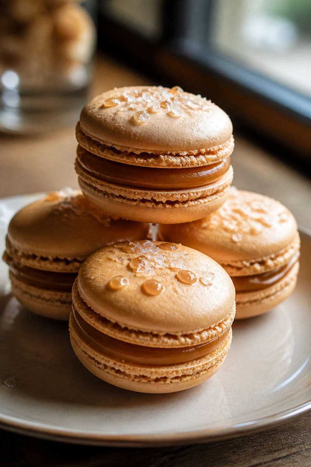 Stack of salted caramel macarons on a plate