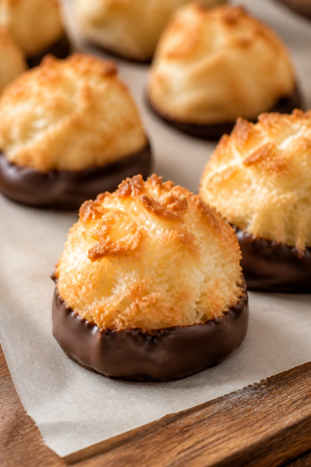 Close-up of chocolate-dipped coconut macaroons on parchment.