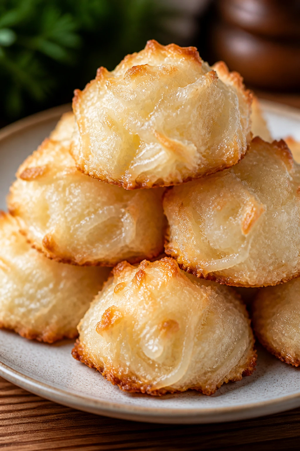 Glossy coconut macaroons piled on a plate