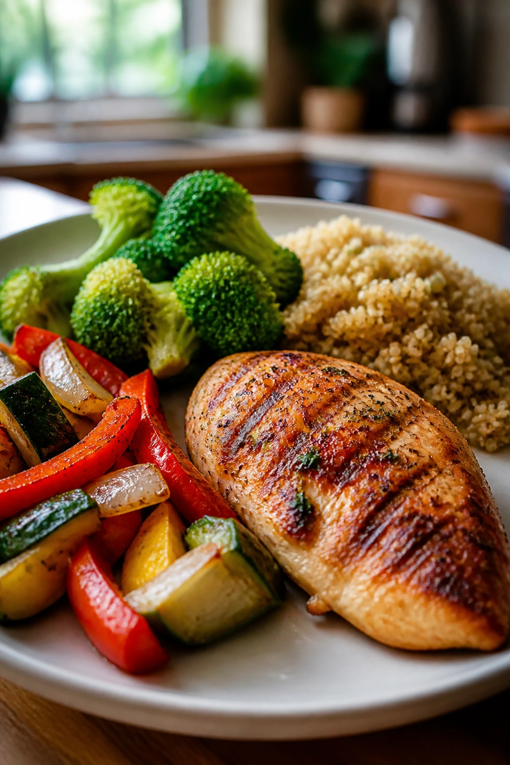 Close-up of a macro-friendly dinner plate emphasizing protein, vegetables, and a measured starch.