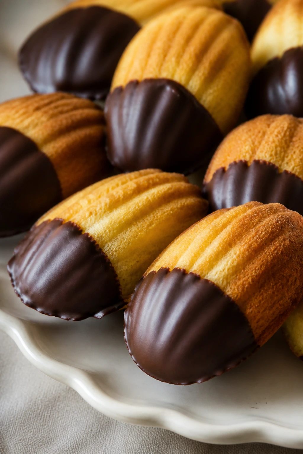 Chocolate-dipped Madeleines on plate