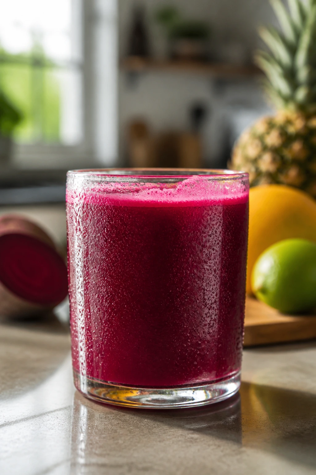 Bright magenta beet juice glass on kitchen counter