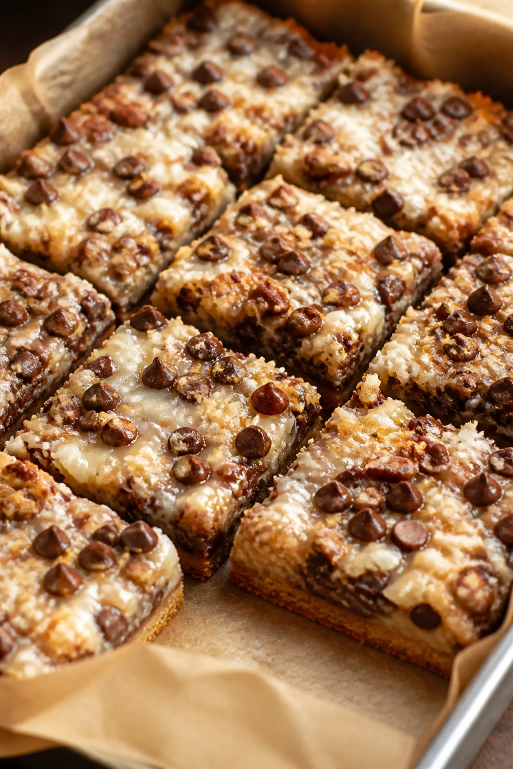 Close-up of magic cookie bars showing layered crust and toppings