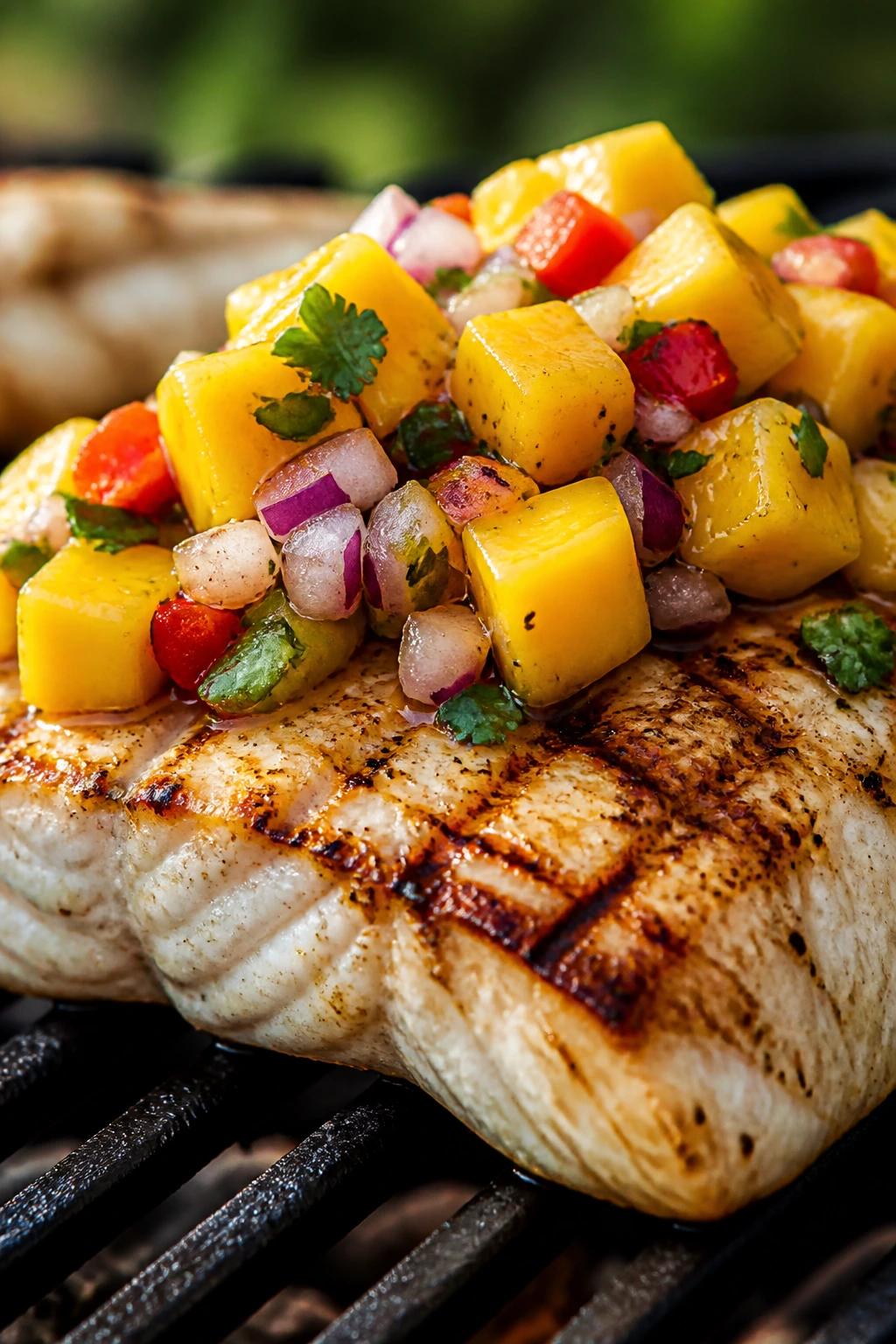 Mahi mahi fillet with mango salsa on top outdoors
