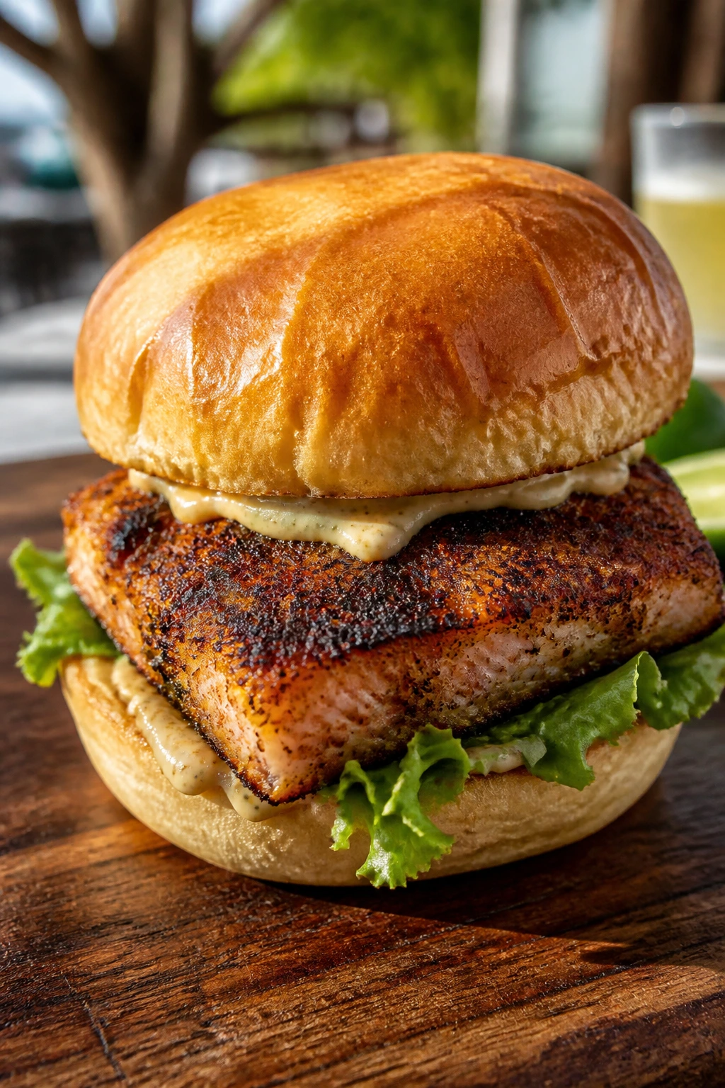 Single blackened mahi-mahi sandwich on wooden board outdoors