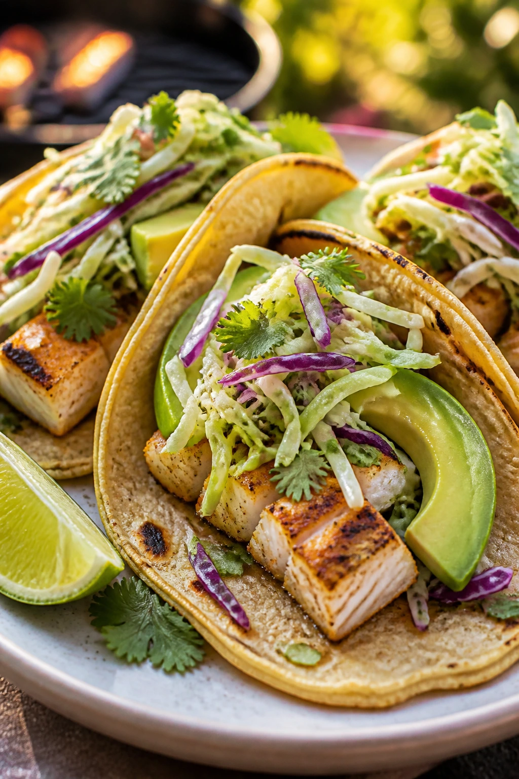 Close-up of mahi-mahi tacos with cabbage slaw on a plate outdoors