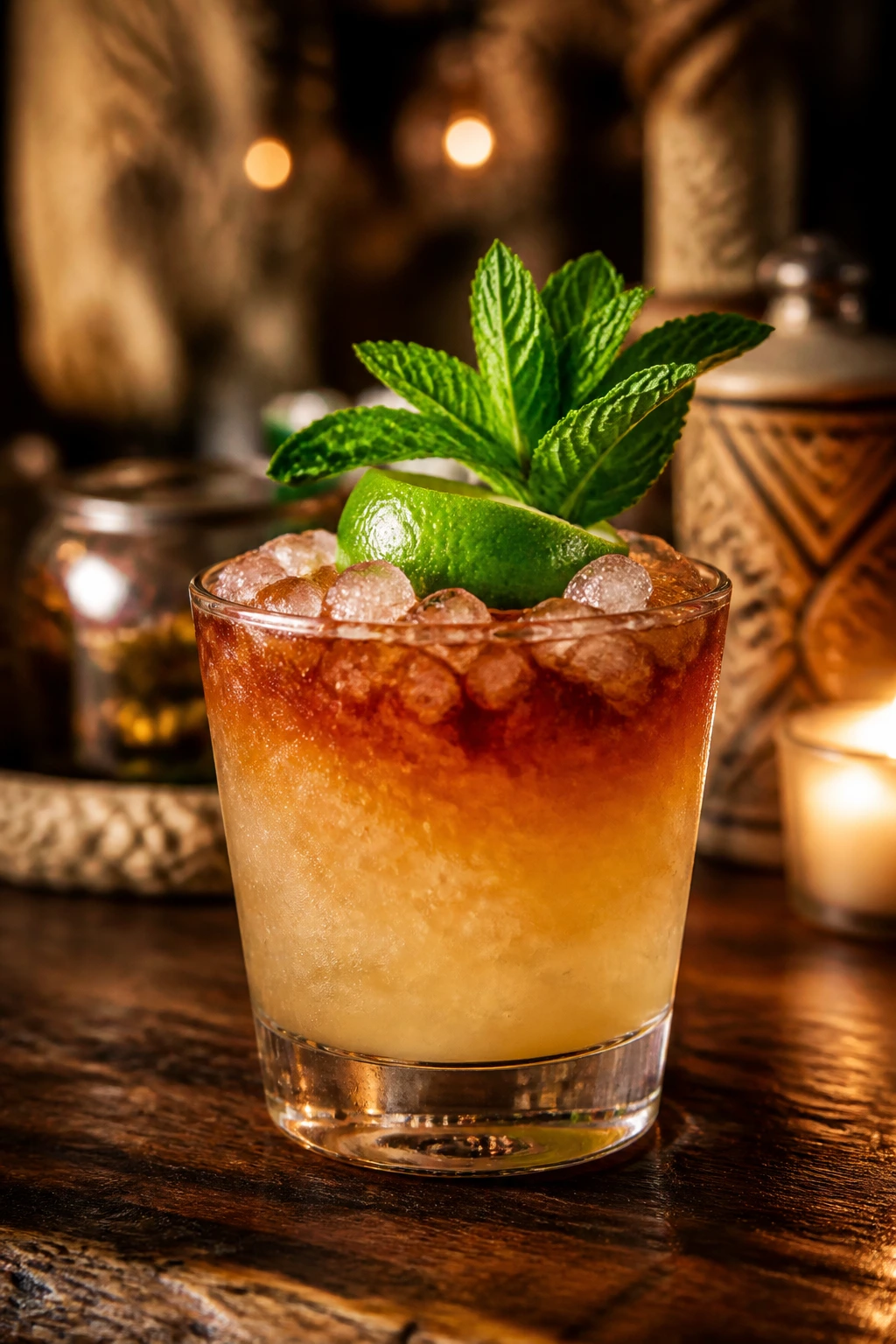Close-up of Mai Tai in a rocks glass with mint and lime shell