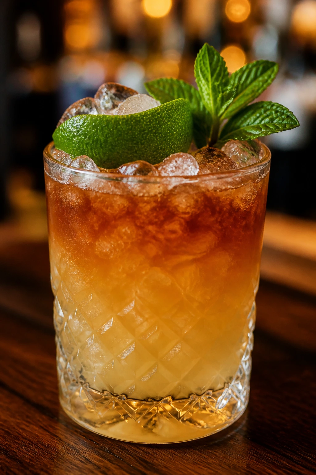 Mai Tai cocktail with orgeat and dark rum, mint garnish, crushed ice.