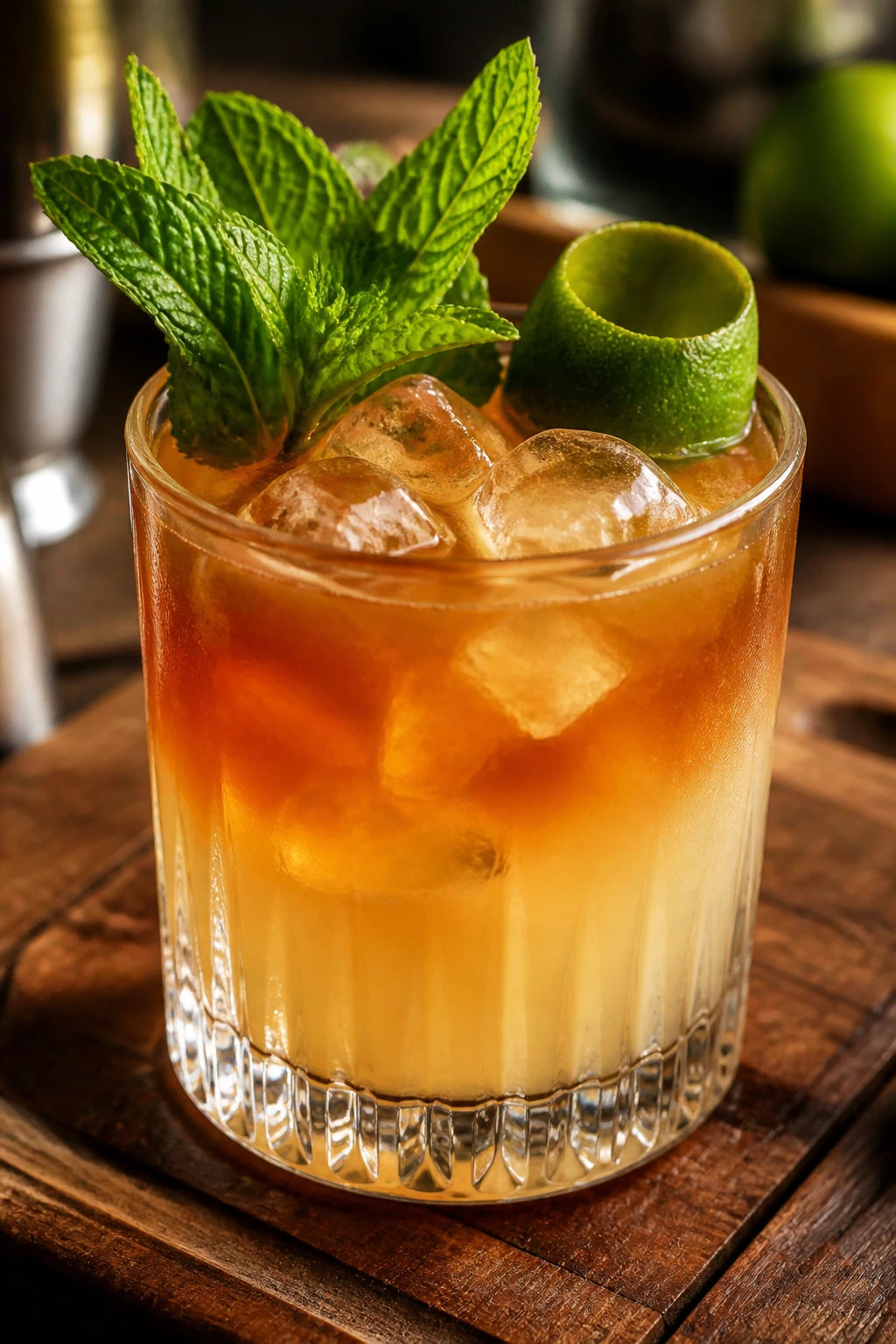 Close-up of a shortcut mai tai in a rocks glass with mint and lime shell garnish