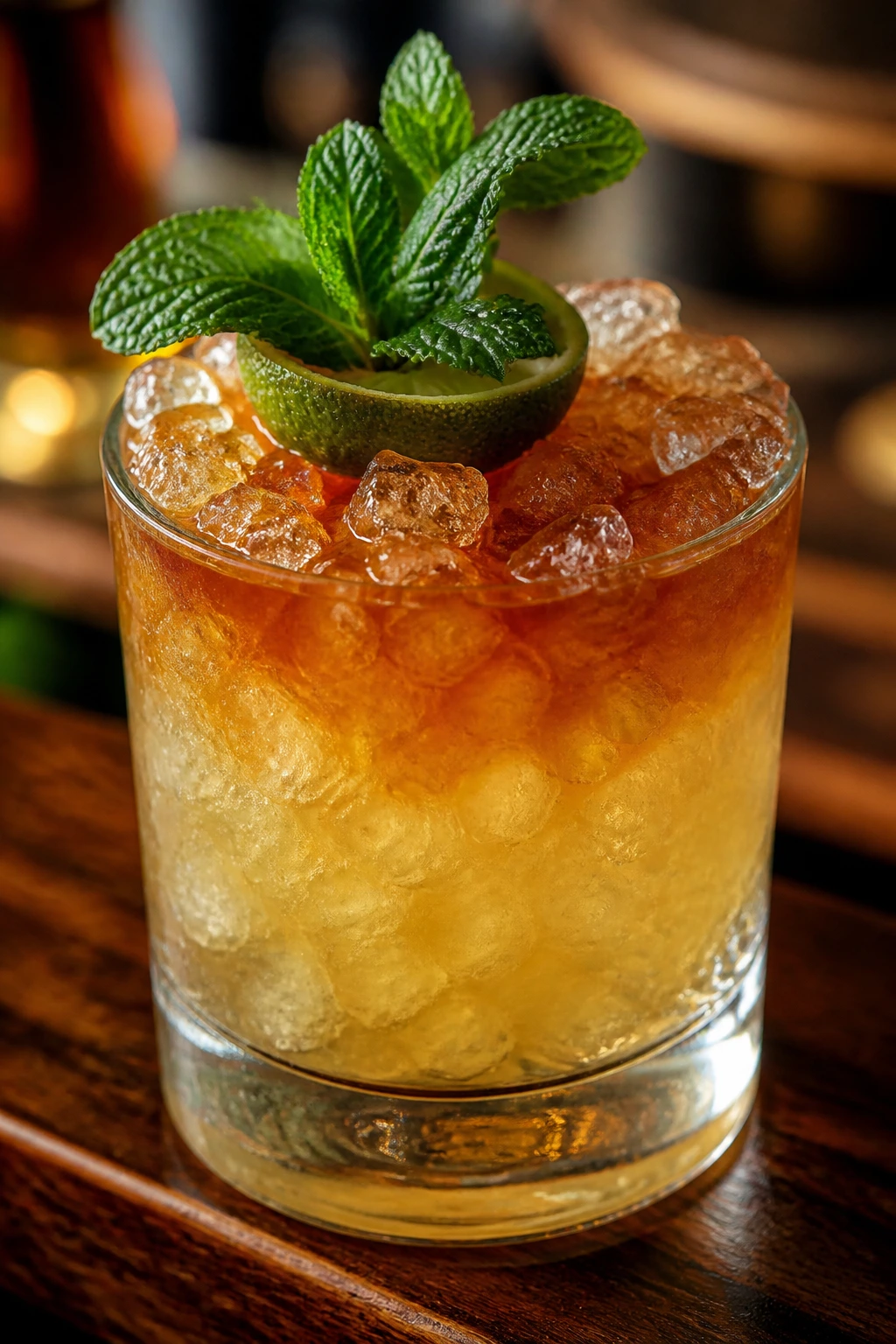 Close-up Mai Tai in a rocks glass with mint and lime shell