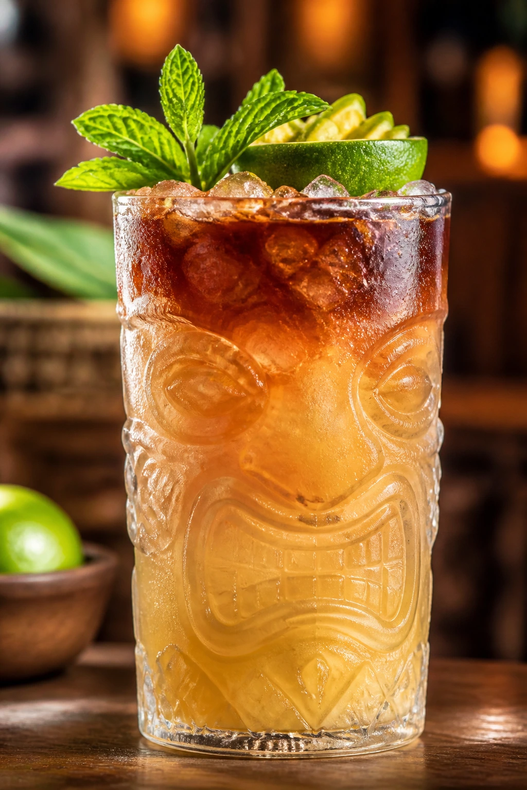 Beachy Mai Tai in a tiki glass with mint and lime garnish