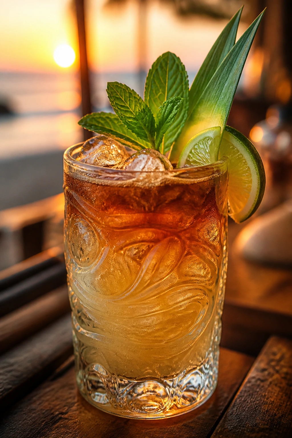 Mai Tai in tiki glass with mint and pineapple leaf garnish