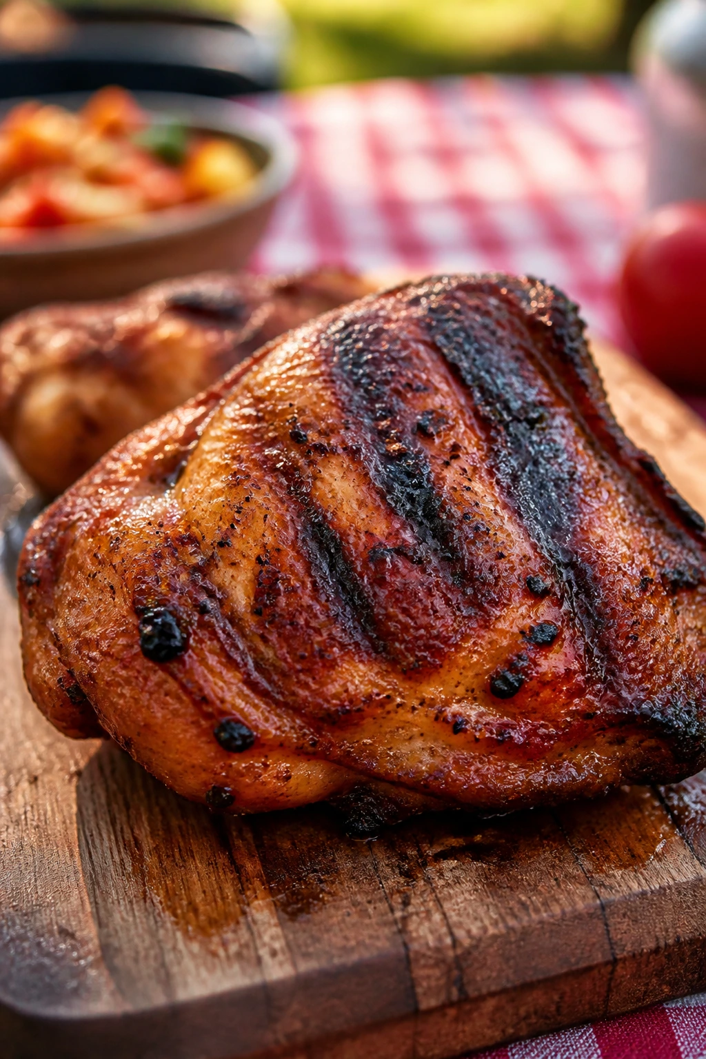 Juicy charred chicken thigh on a rustic cutting board outdoors