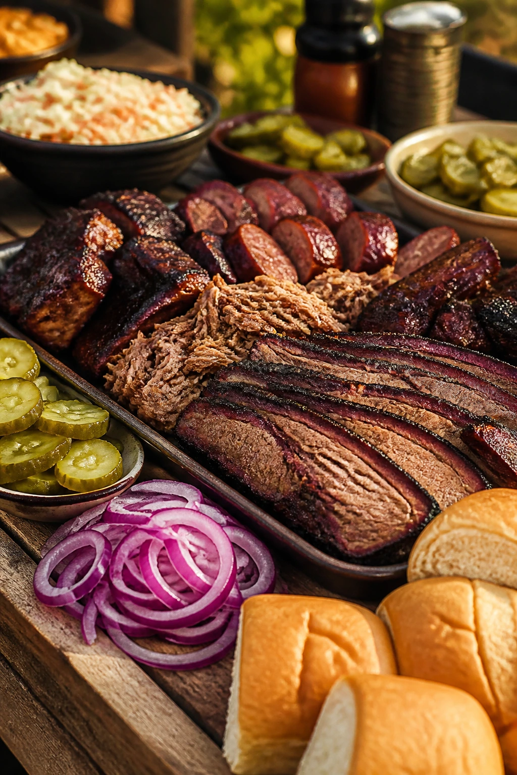 Central meat platter framed by pickles, onions, and bread on a rustic board