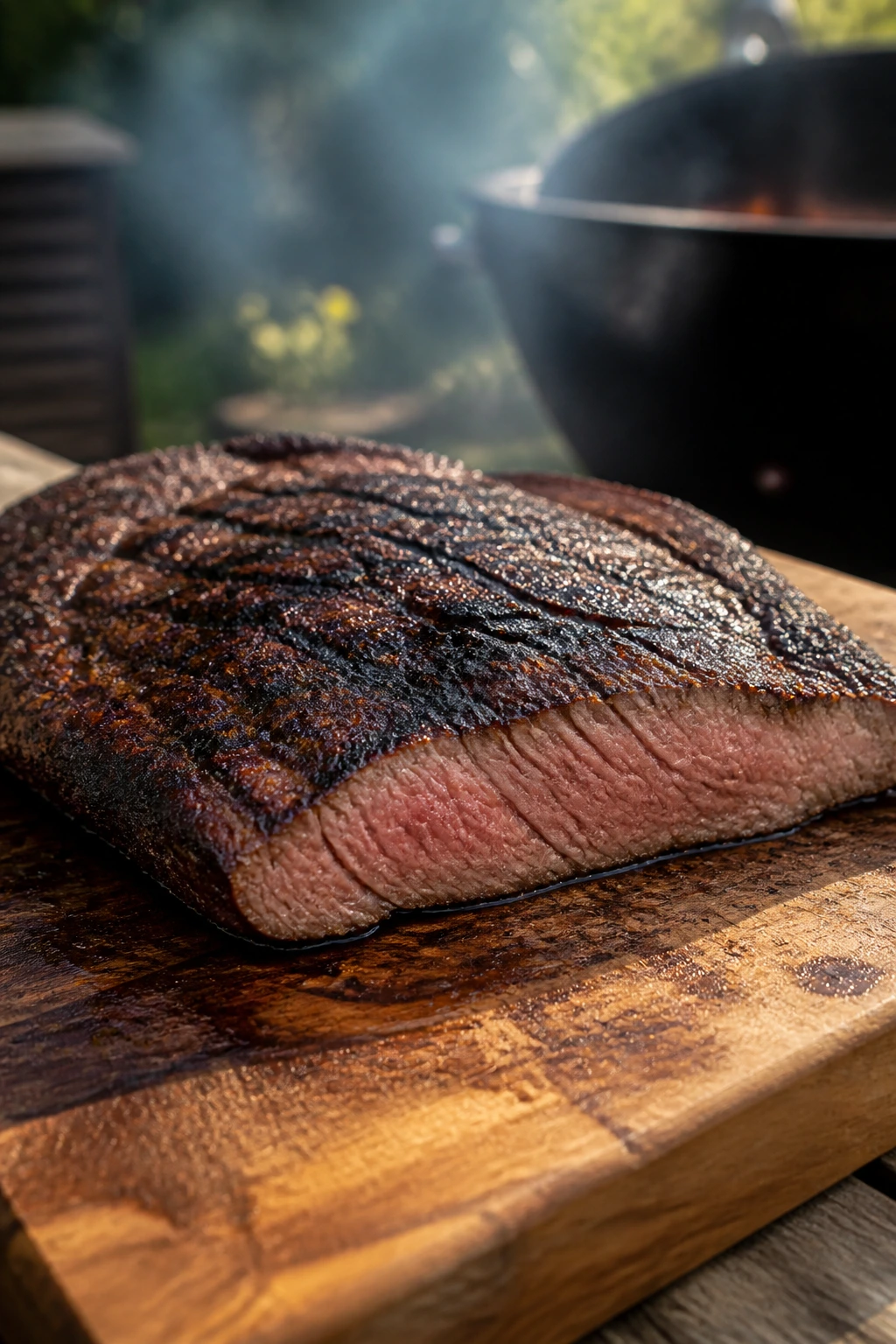 Close-up of a well-seared flank steak resting on a wooden board outdoors