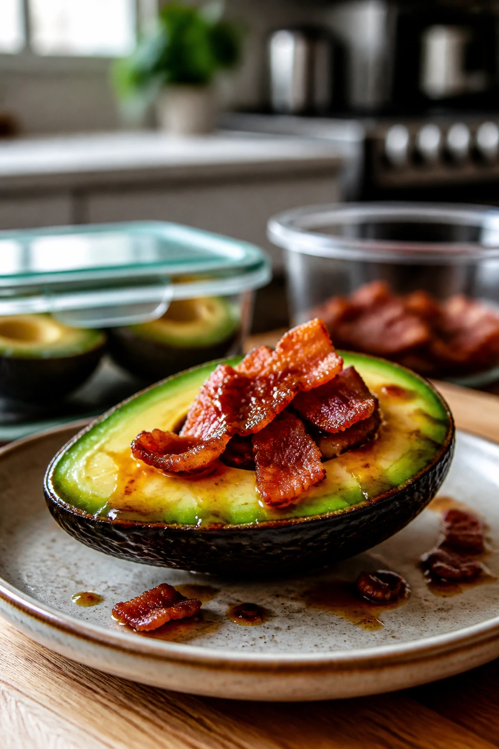 Bacon avocado half shown with storage context in kitchen