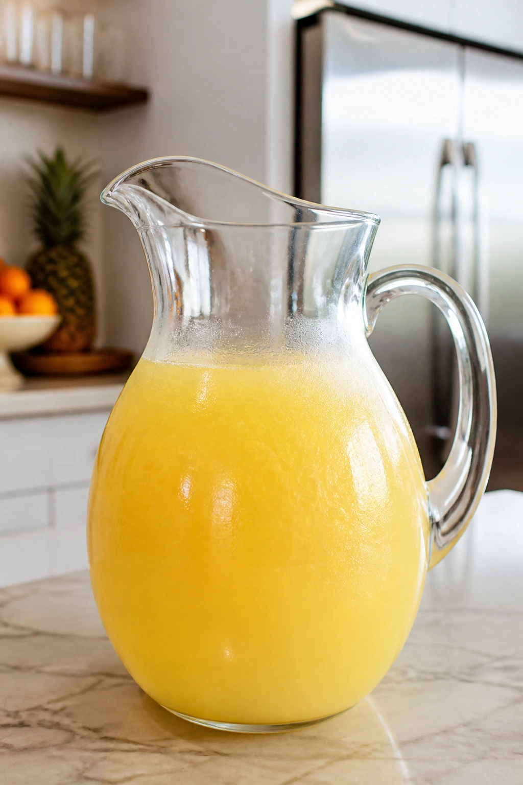 Pitcher of Malibu Mimosa base on kitchen counter for batch prep