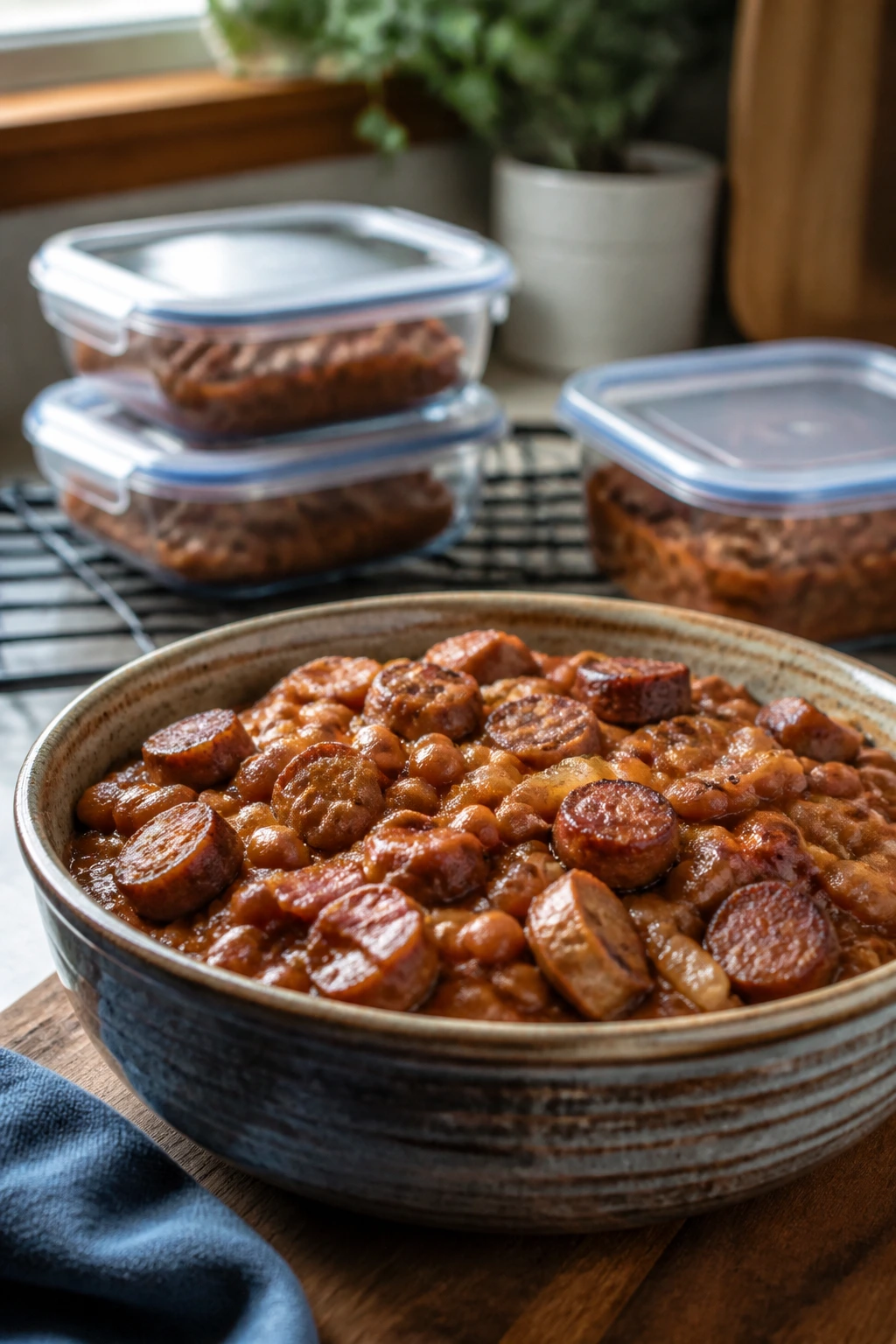 Beans and sausage with glaze in a ceramic dish with storage containers nearby
