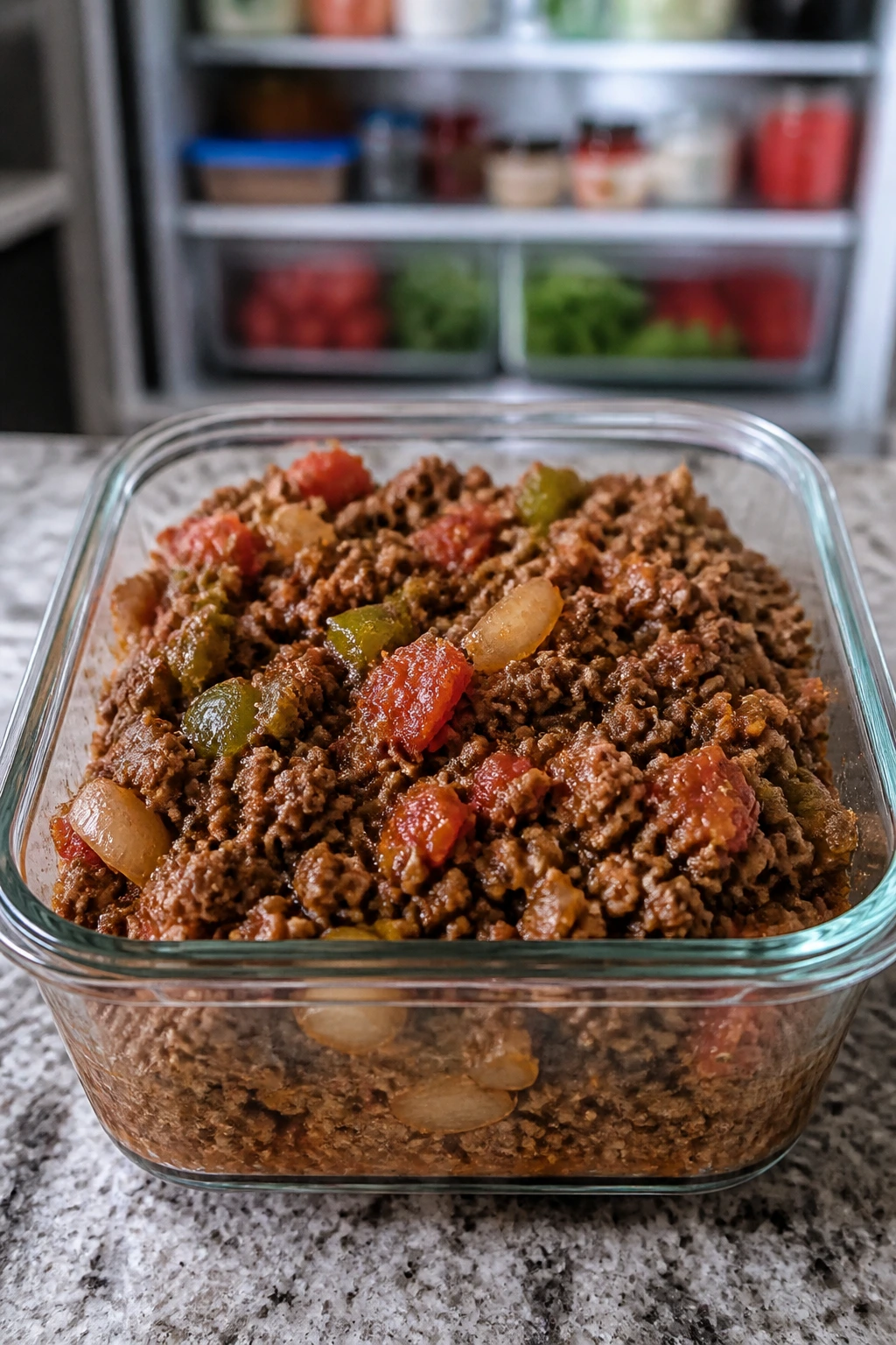 Glass storage container with beef skillet for make-ahead storage on a kitchen counter