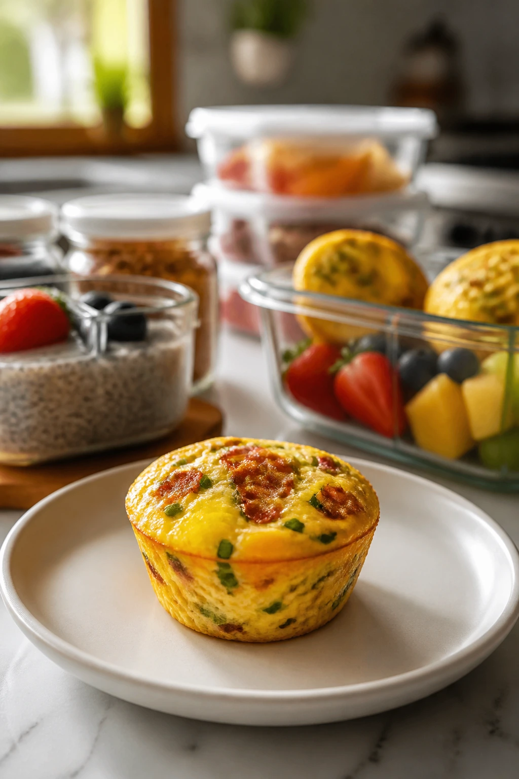 Close-up of make-ahead breakfast items on kitchen island