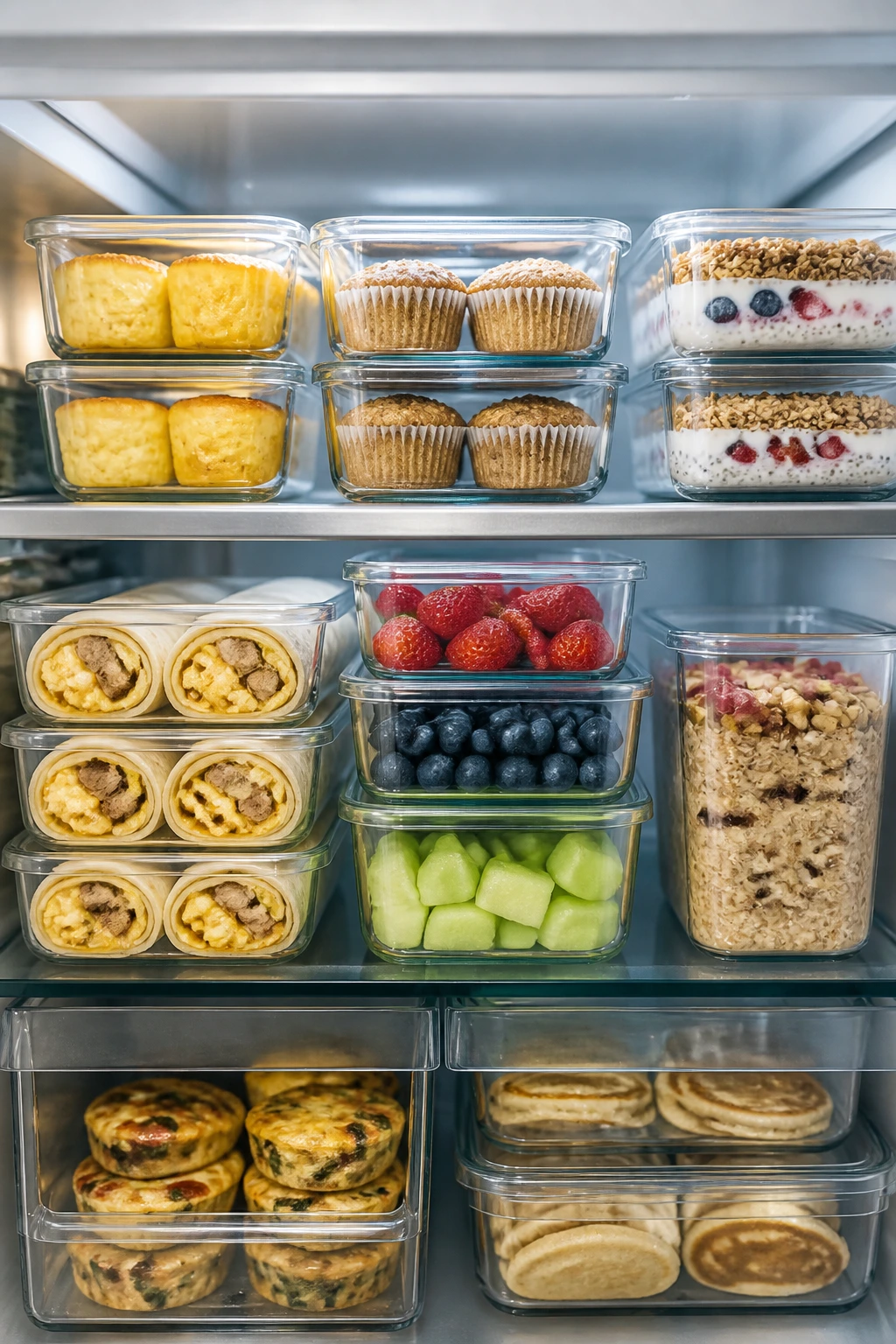 Fridge shelf with prepped make-ahead breakfasts in containers