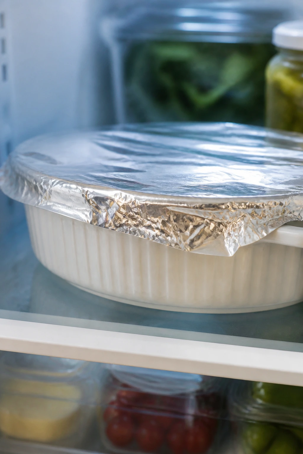Foil-wrapped casserole in fridge ready for make-ahead storage