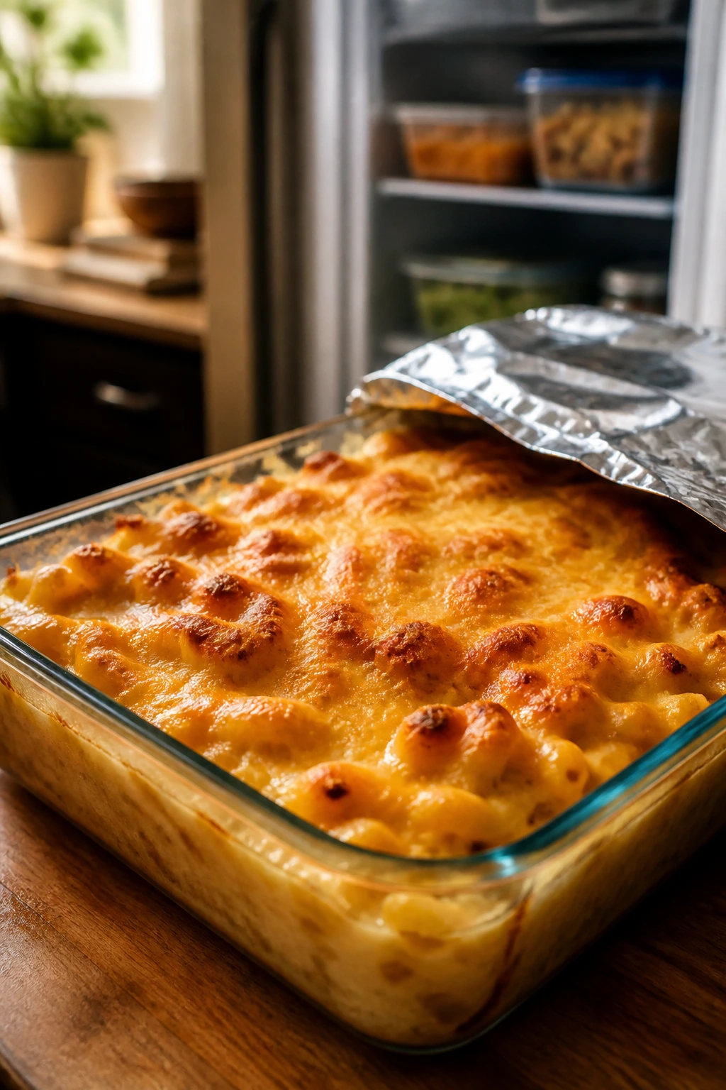Close-up of bubbling cheesy pasta bake in a glass dish ready for make-ahead storage and reheating