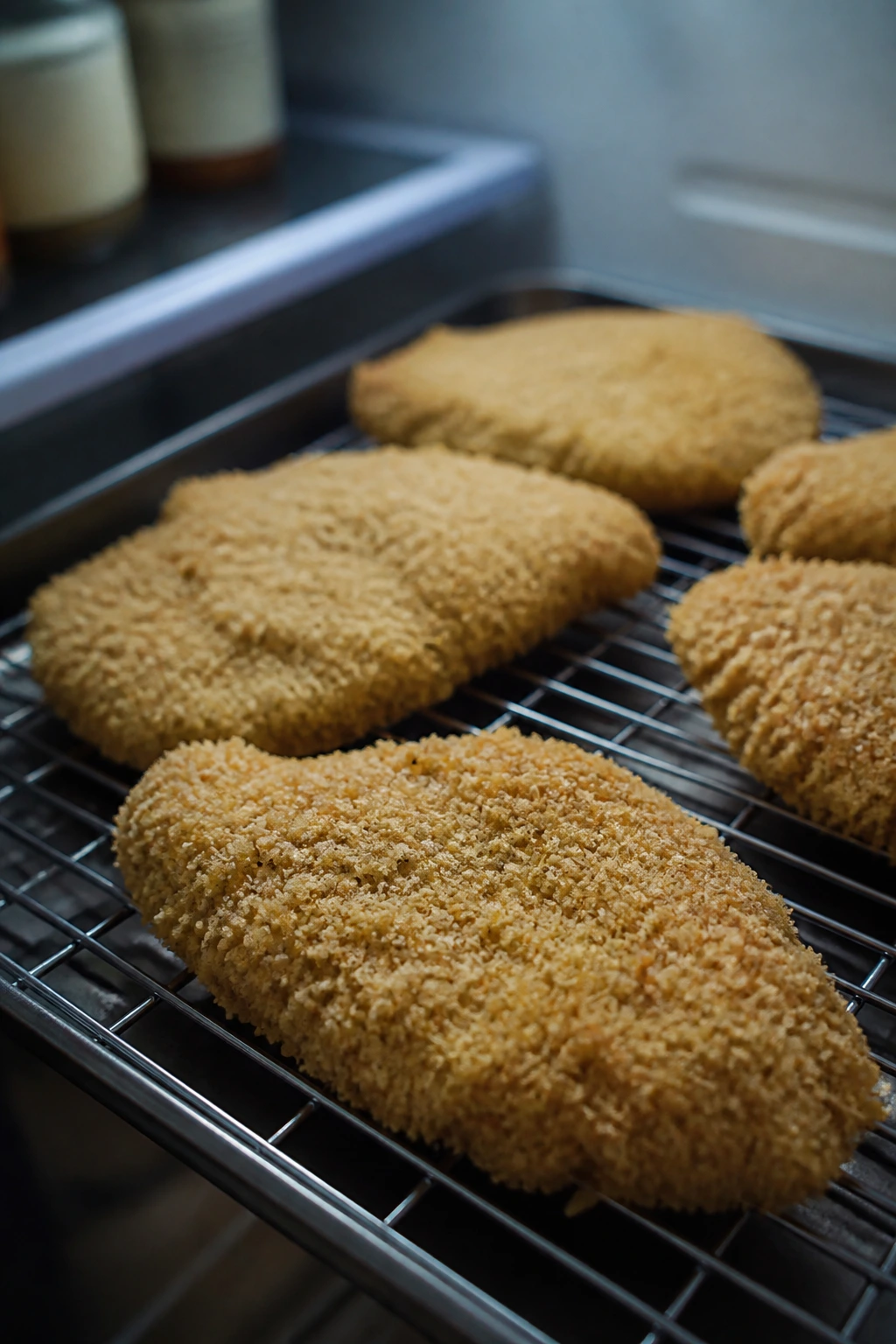 Breaded chicken on a wire rack in the fridge to dry ahead of cooking