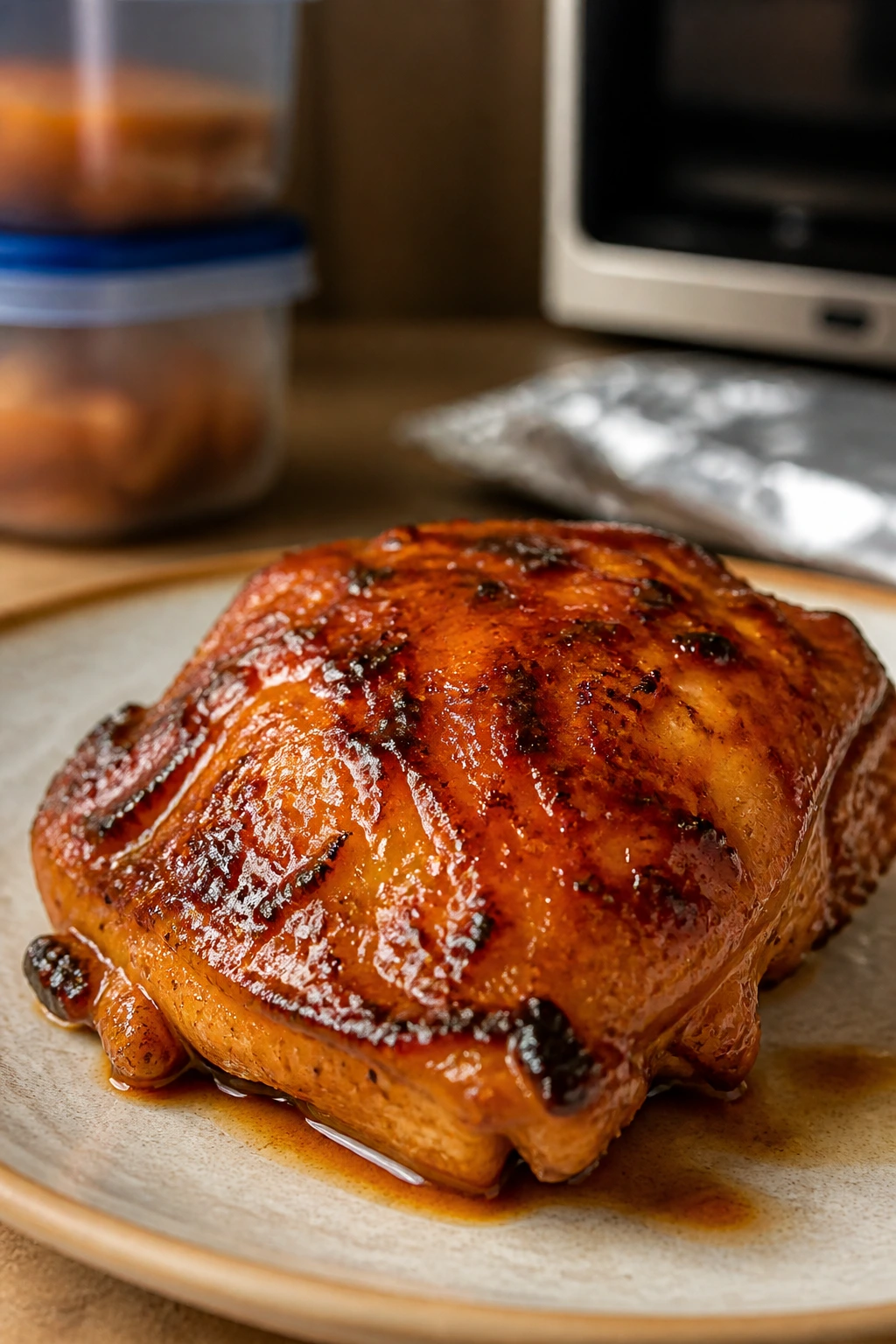 Honey chicken thigh on plate with warm kitchen background