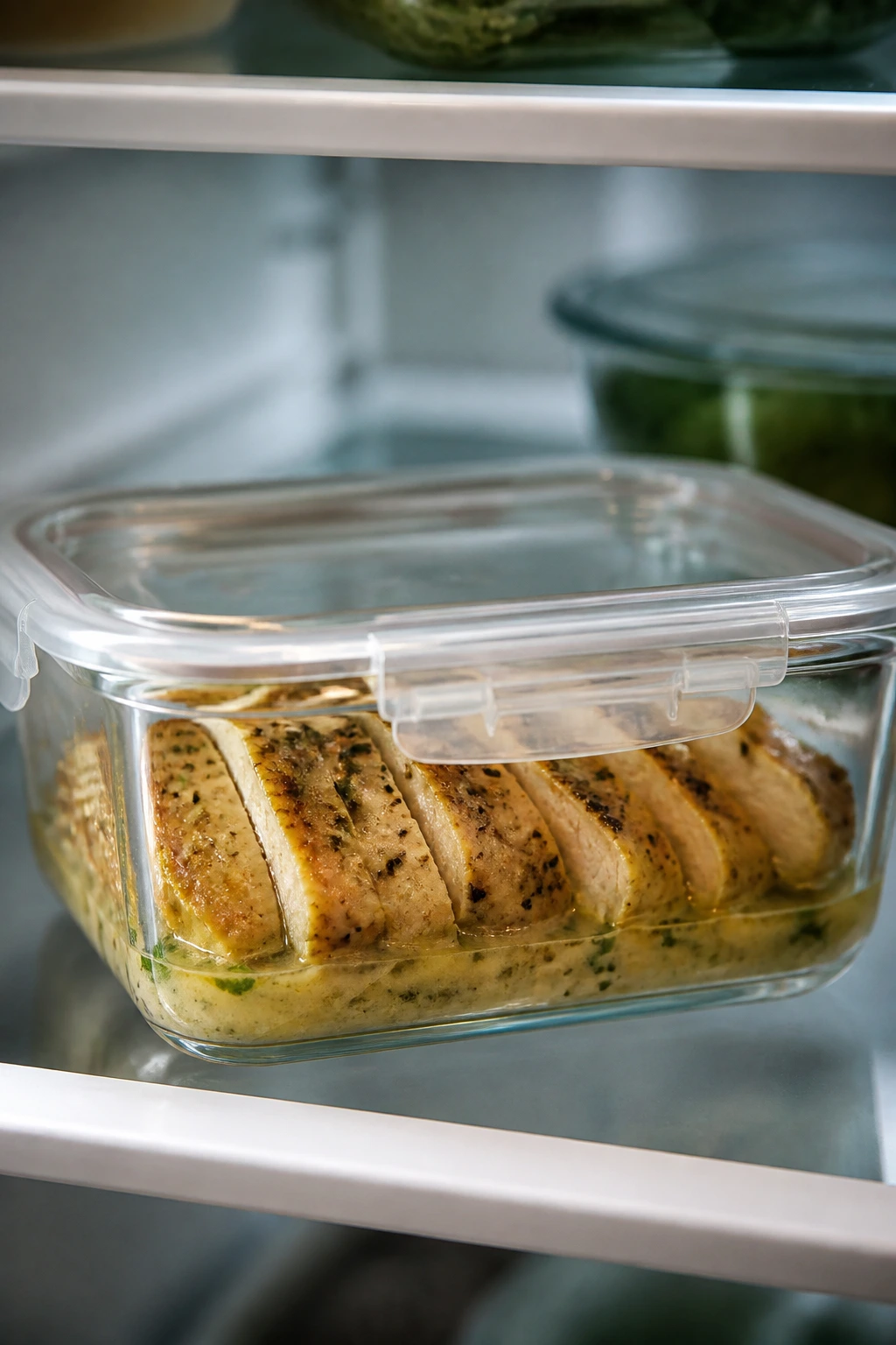 Minute chicken stored in airtight container for reheating