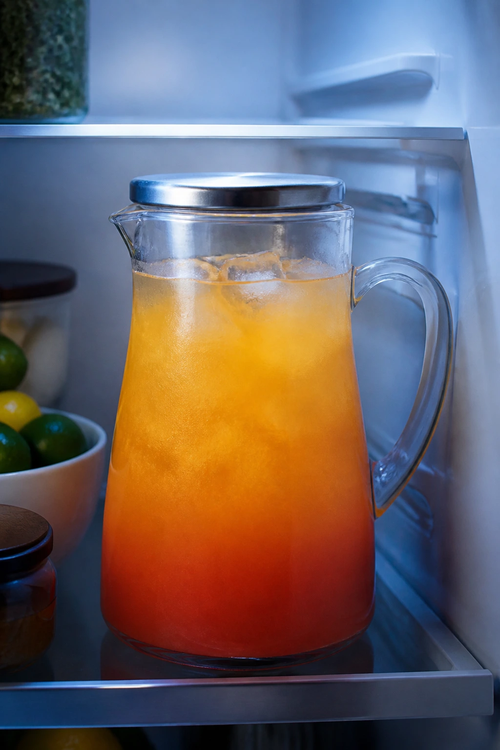 Sealed pitcher of Malibu Bay Breeze chilling in the refrigerator