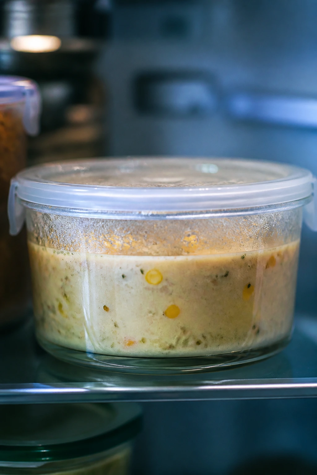 Chowder stored in a glass container in the fridge ready for make-ahead meals.