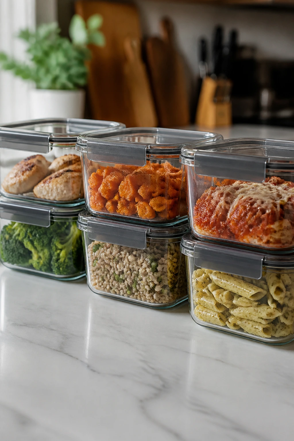 Row of airtight containers with leftovers on countertop