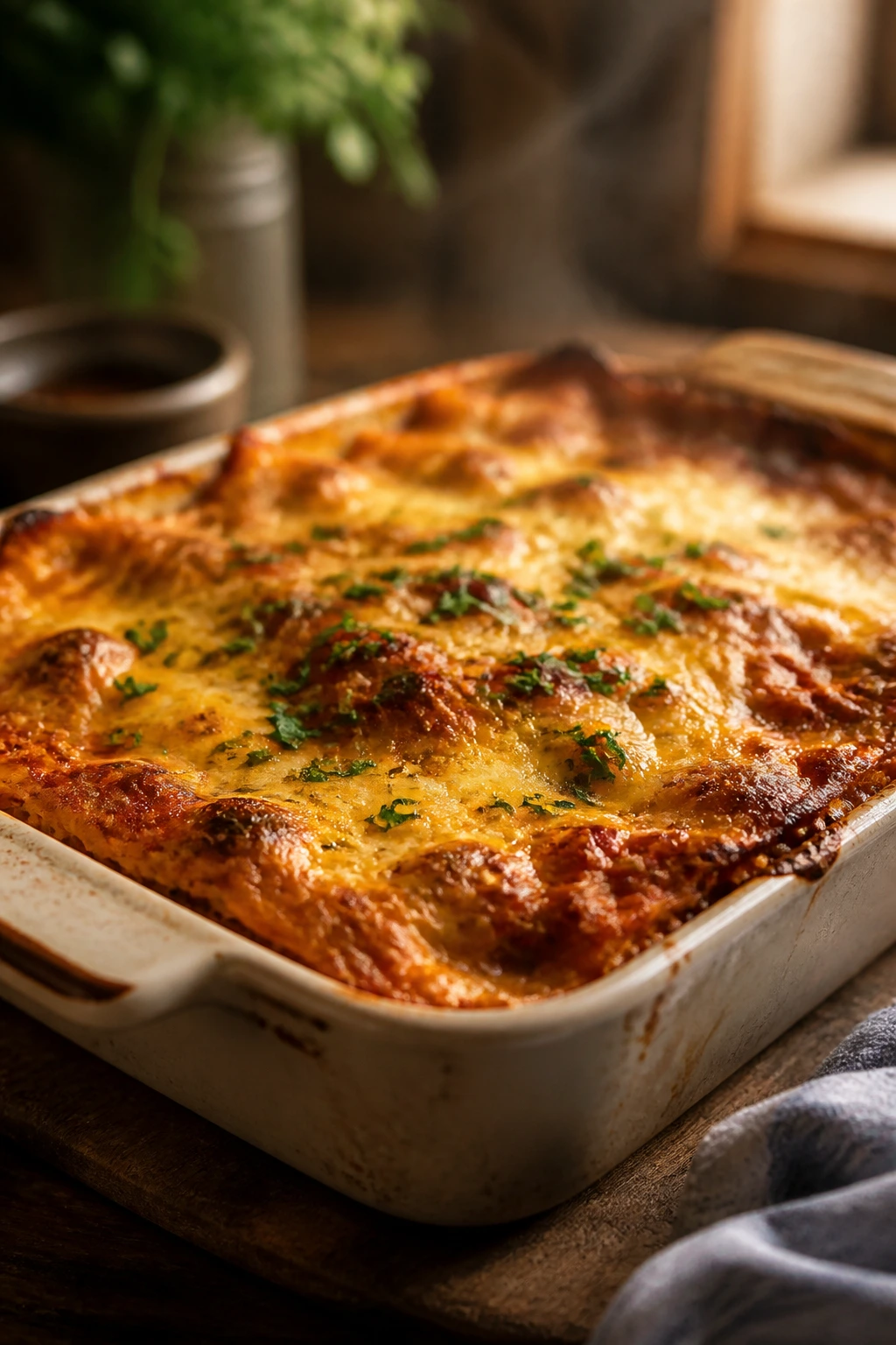Close-up of a steaming casserole on a rustic kitchen counter