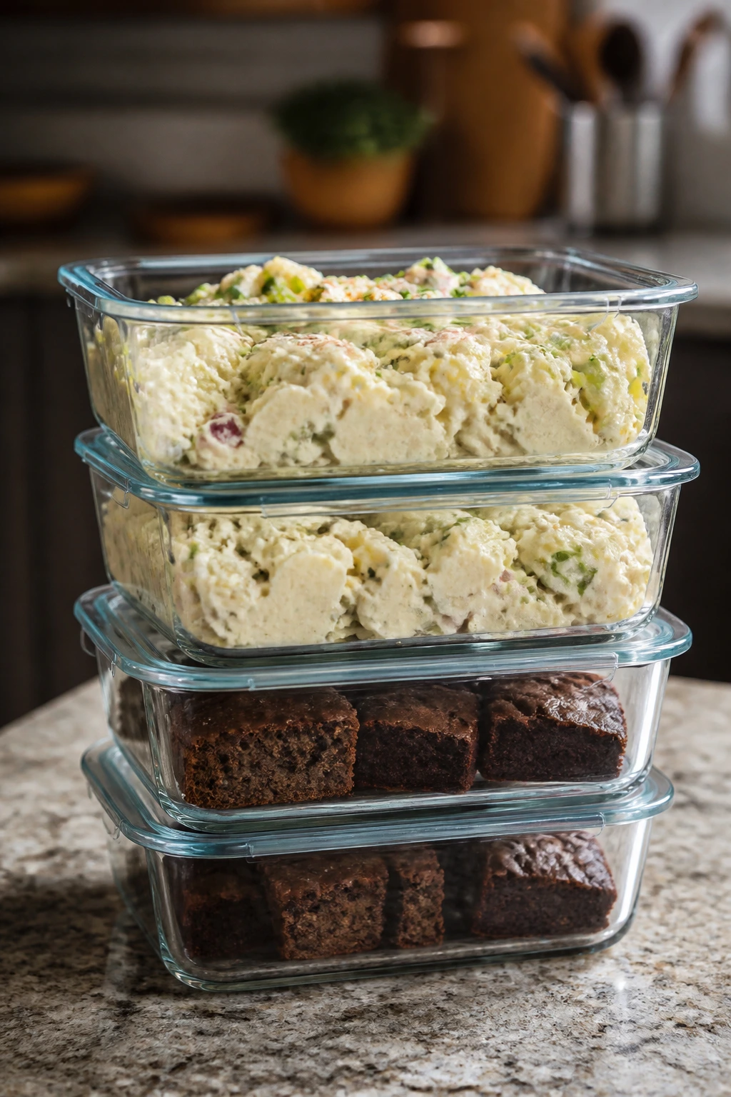 Stacked glass containers with make-ahead dishes on a kitchen counter