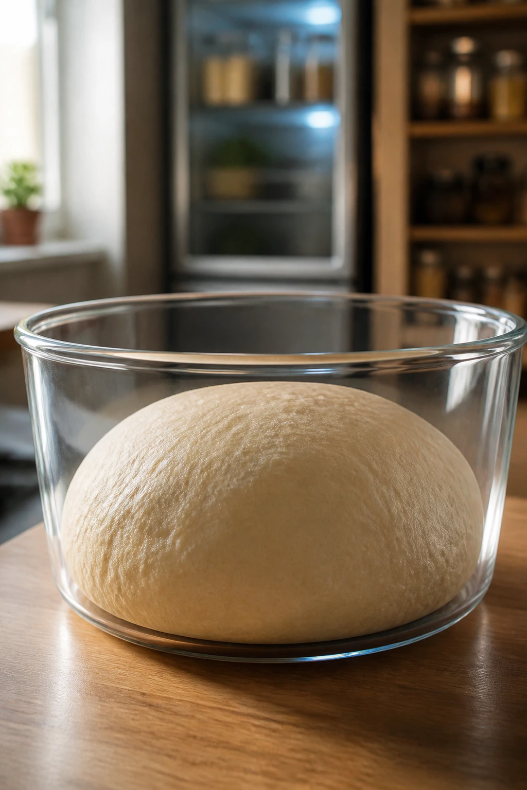 Close-up of refrigerated pizza dough ball in a glass container on a kitchen counter.