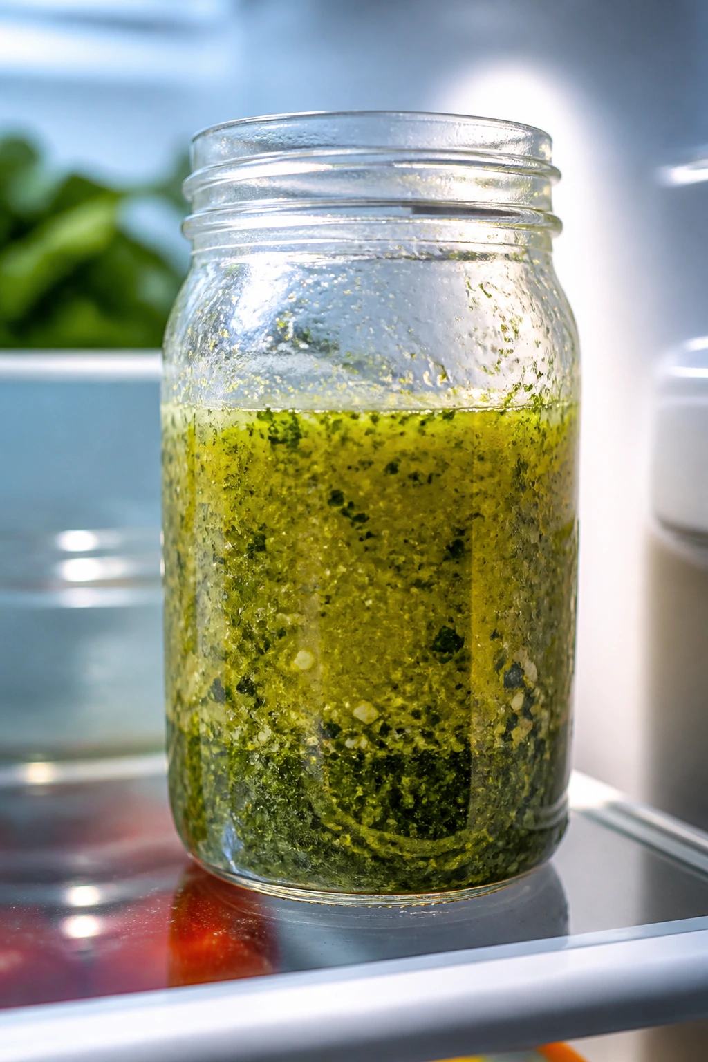 Close-up of a jar of olive-oil dressing on fridge shelf