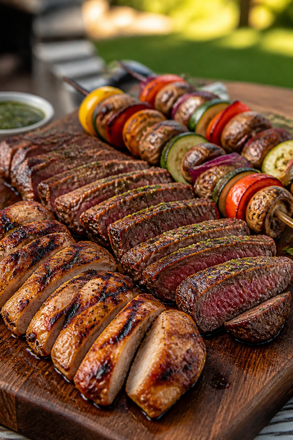 Rustic board of make-ahead grilled picnic foods ready for room-temperature serving in a backyard