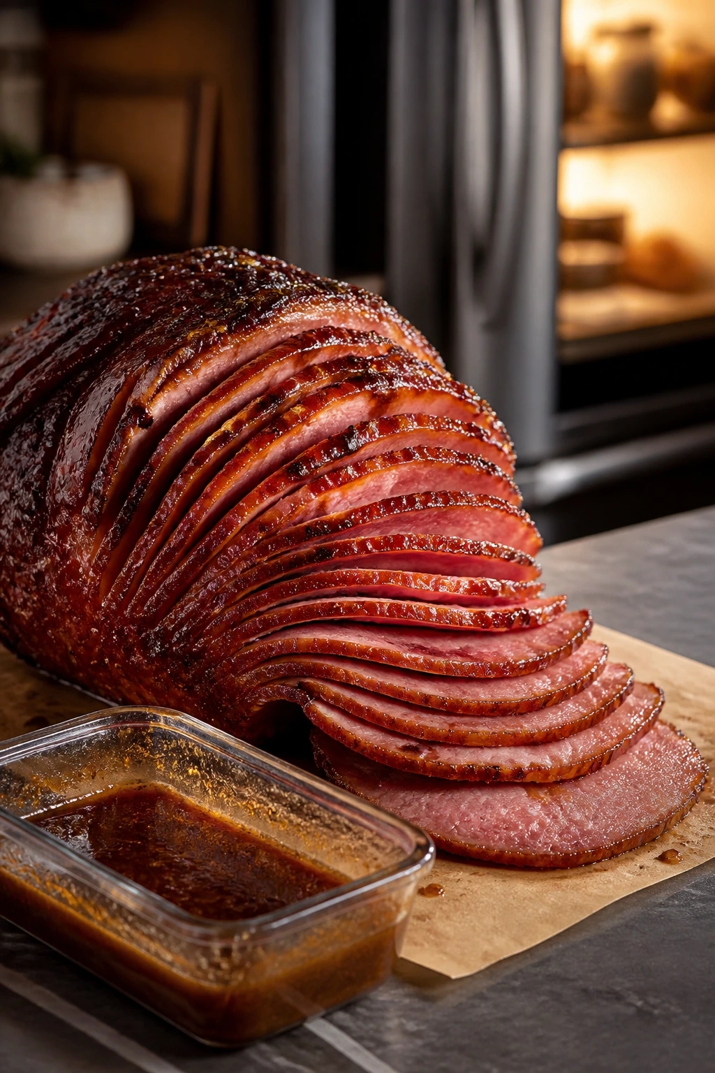 Sliced ham stored on parchment for make-ahead reheating