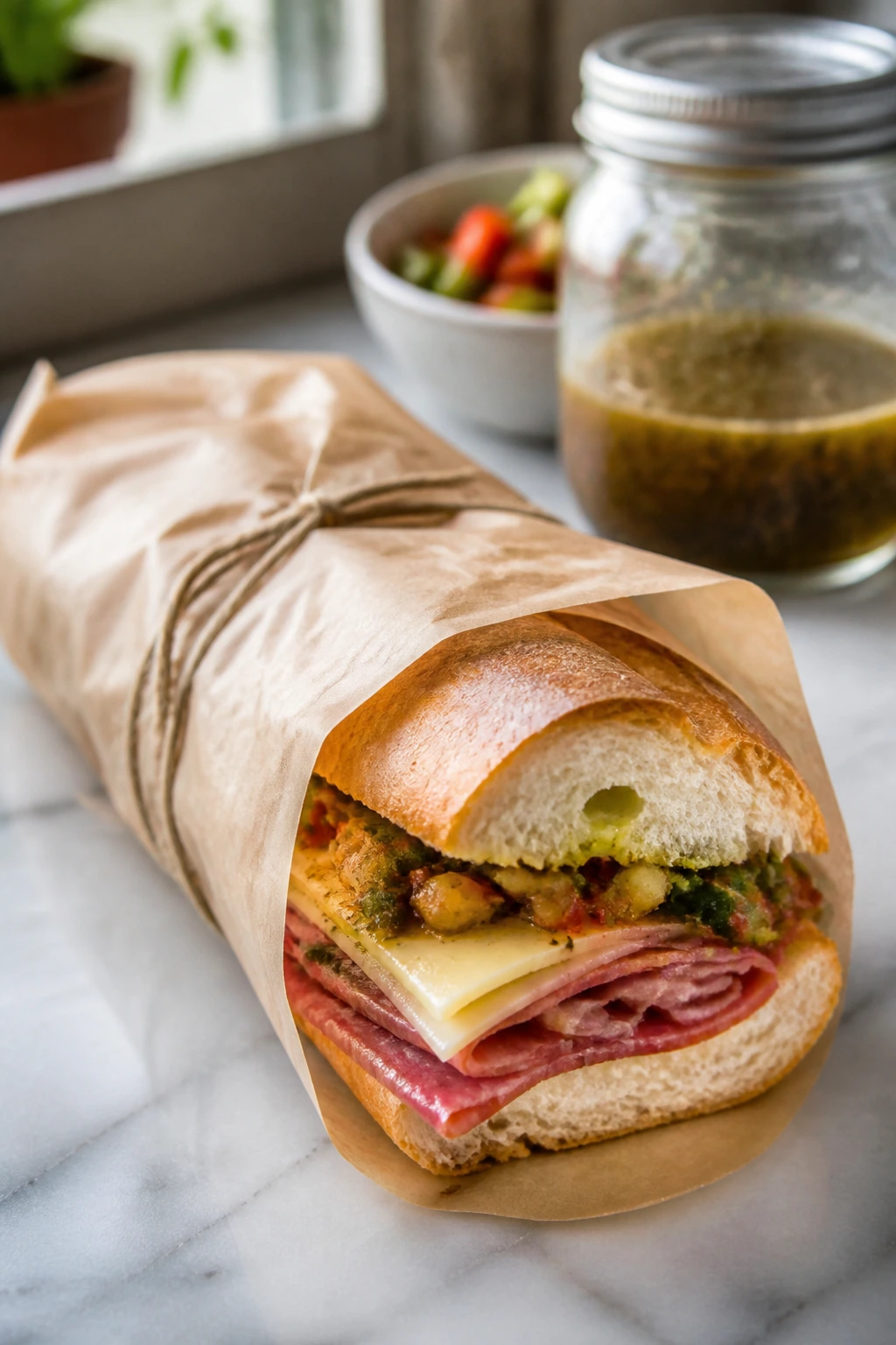 Wrapped Italian sub on parchment with dressing jar in bright kitchen