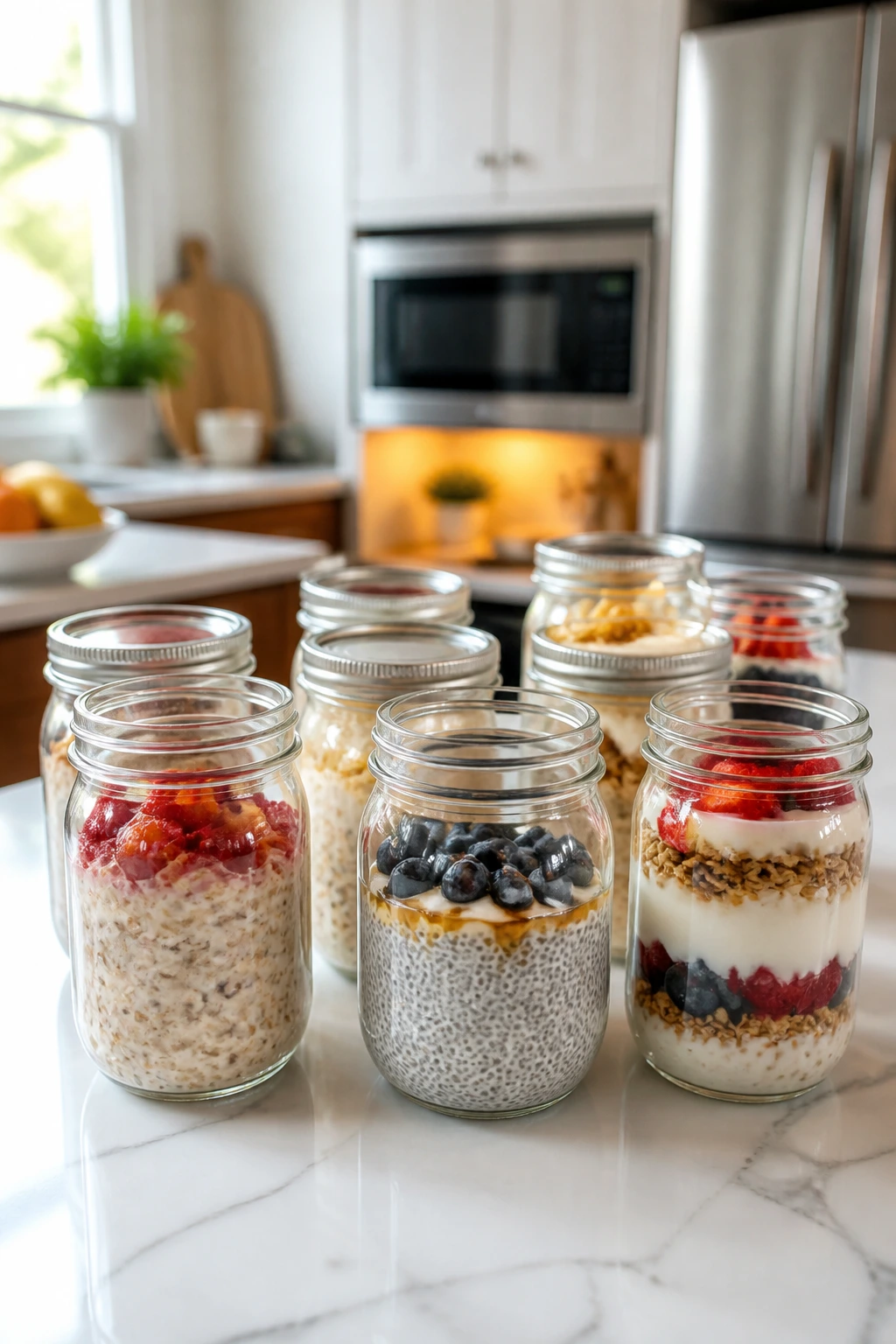 Close-up of glass jars with make-ahead breakfasts on a bright kitchen counter