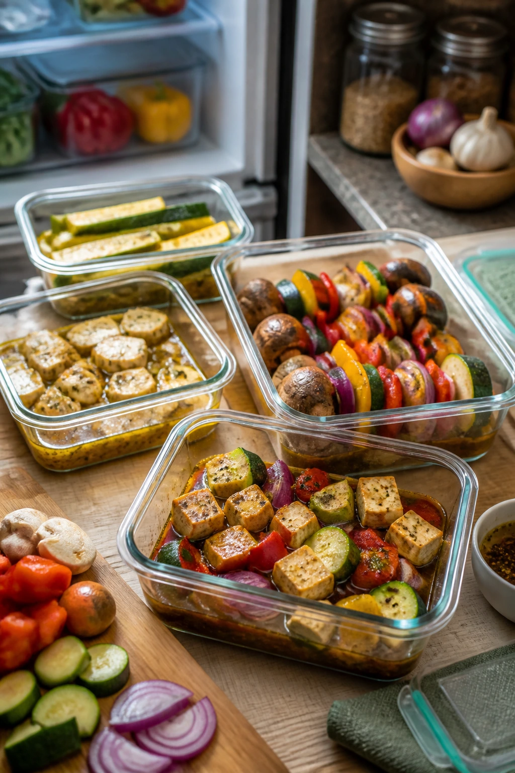 Close-up of airtight containers with marinated vegetables and tofu on a kitchen counter, illustrating make-ahead kebab prep.