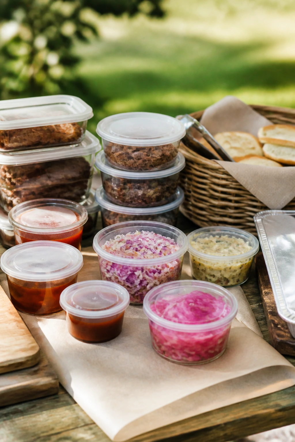Outdoor table with sealed containers and bread baskets for make-ahead leftovers