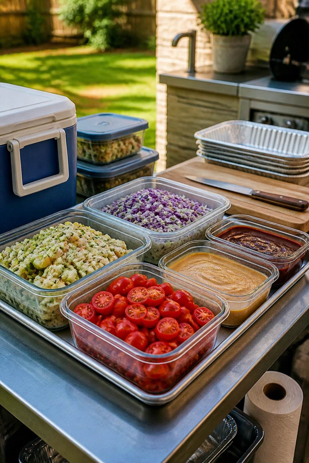 Make-ahead leftovers organized on an outdoor prep station