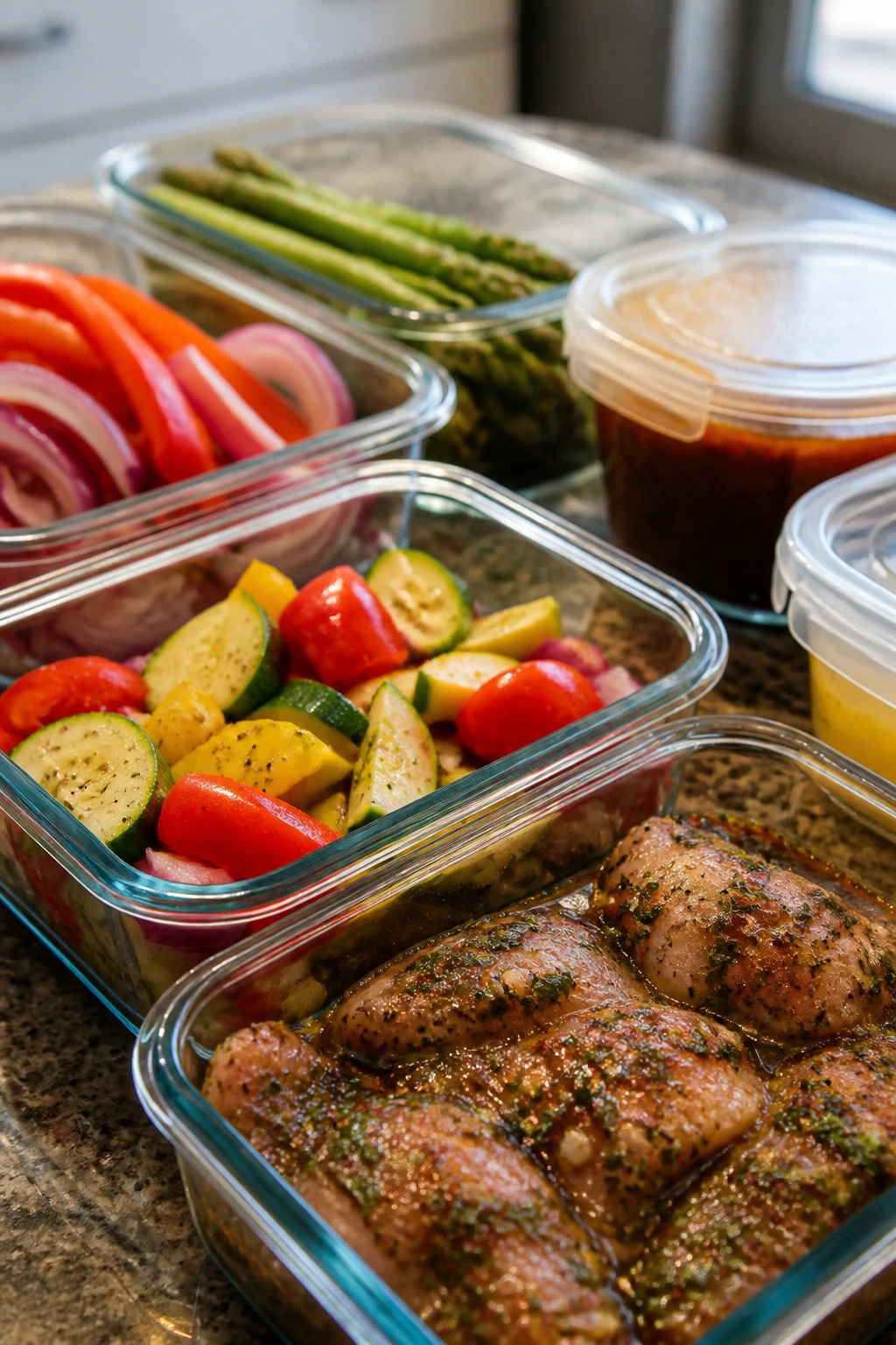 Glass storage containers with pre-cut vegetables ready for grilling on a kitchen counter