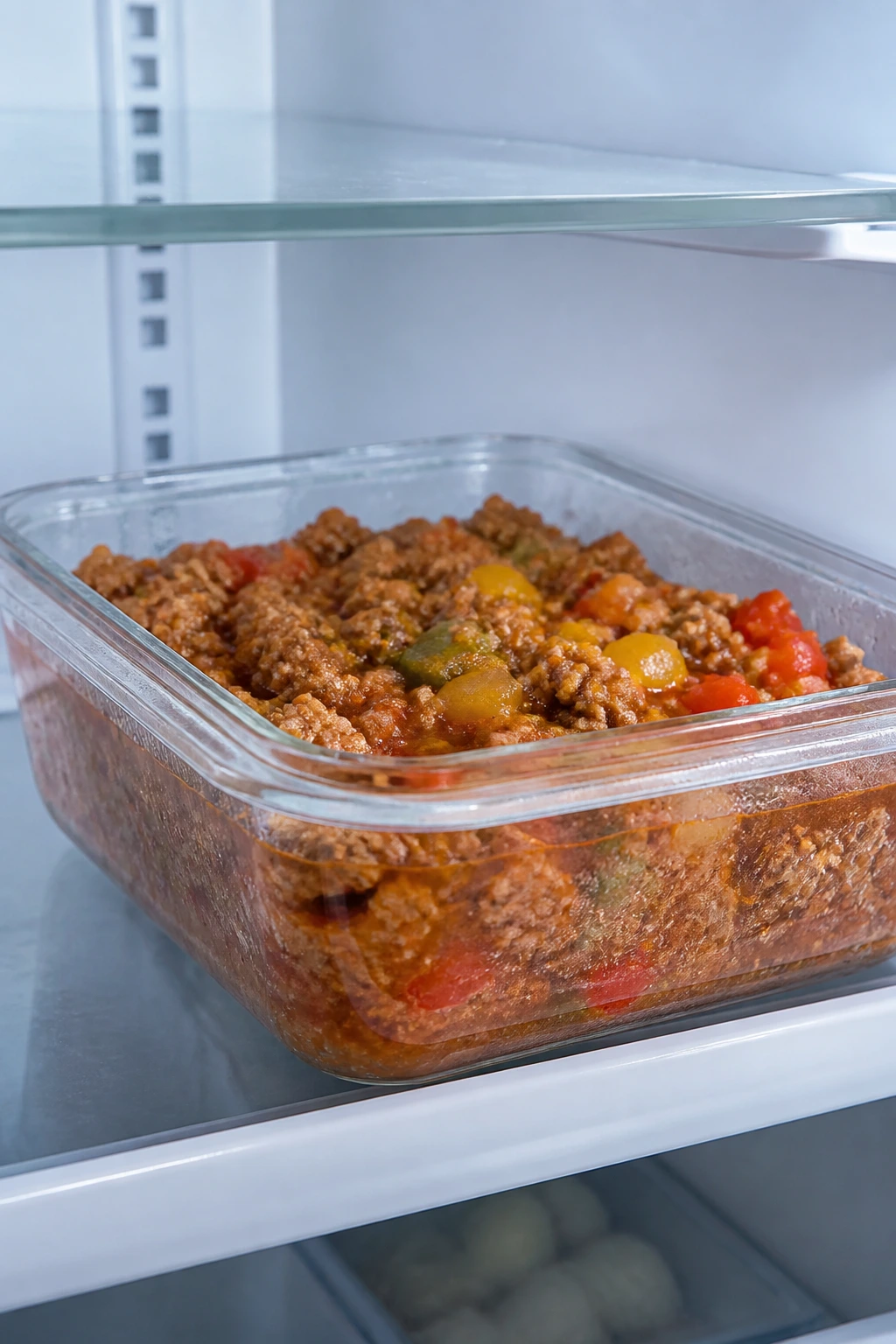 Leftover turkey skillet in a glass container on fridge shelf