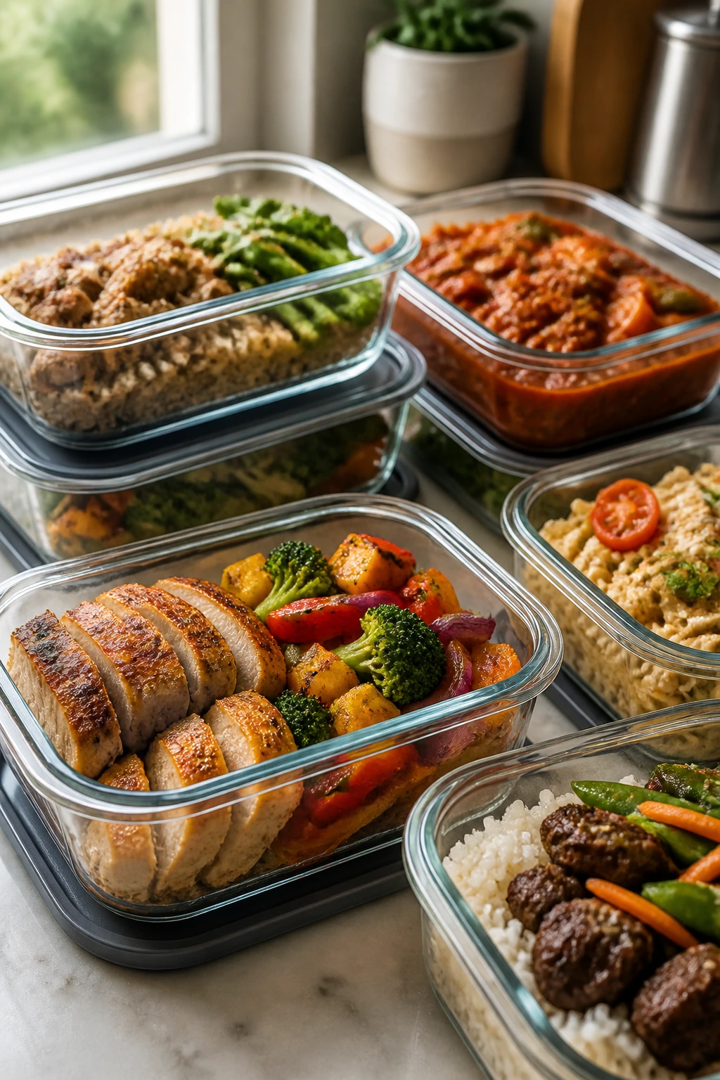 Close-up of glass meal-prep containers with colorful leftovers on a kitchen counter
