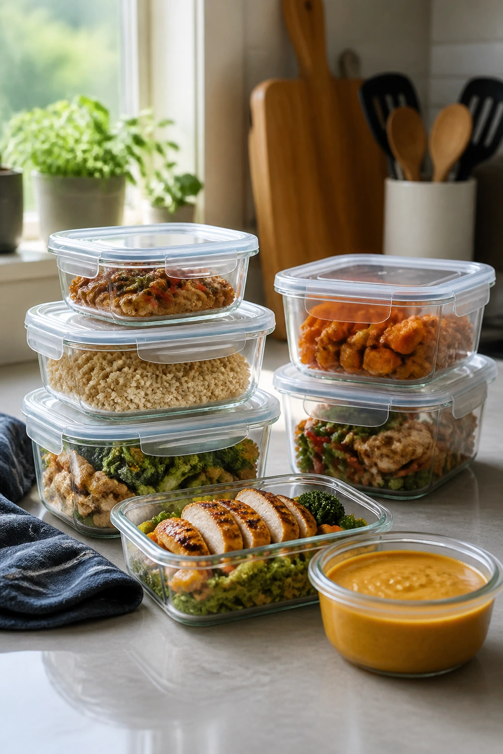 Leftovers stored in clear glass containers on a kitchen counter