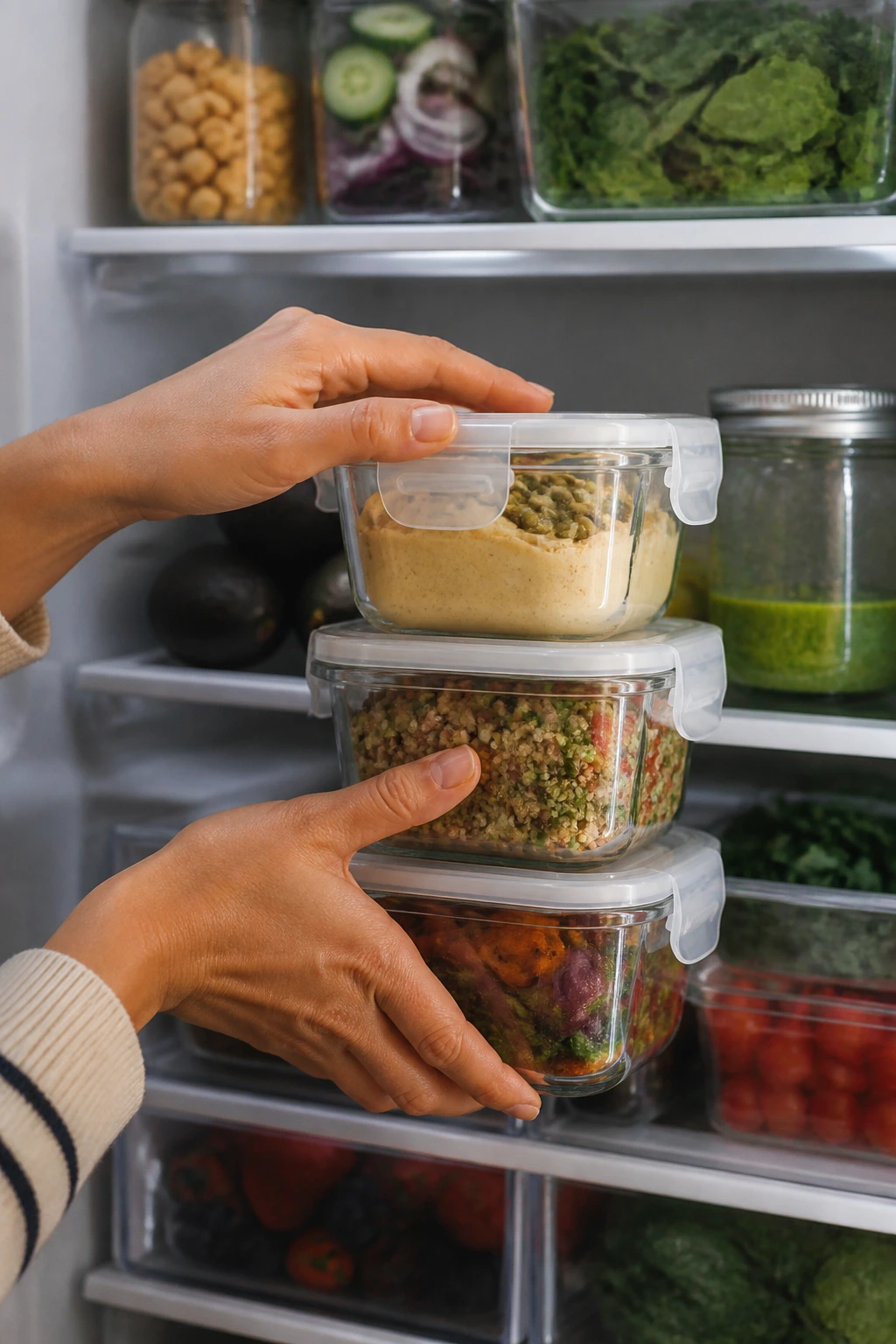 Hands stacking airtight jars for make-ahead leftovers