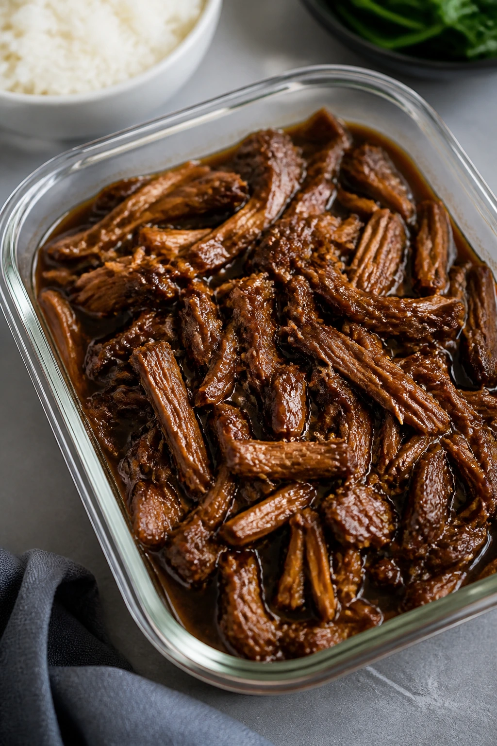 Shredded meat in glass storage container with glossy sauce ready to rehear